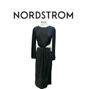 Nordstrom Black Textured Long Sleeve Midi Dress with Front Twist Detail